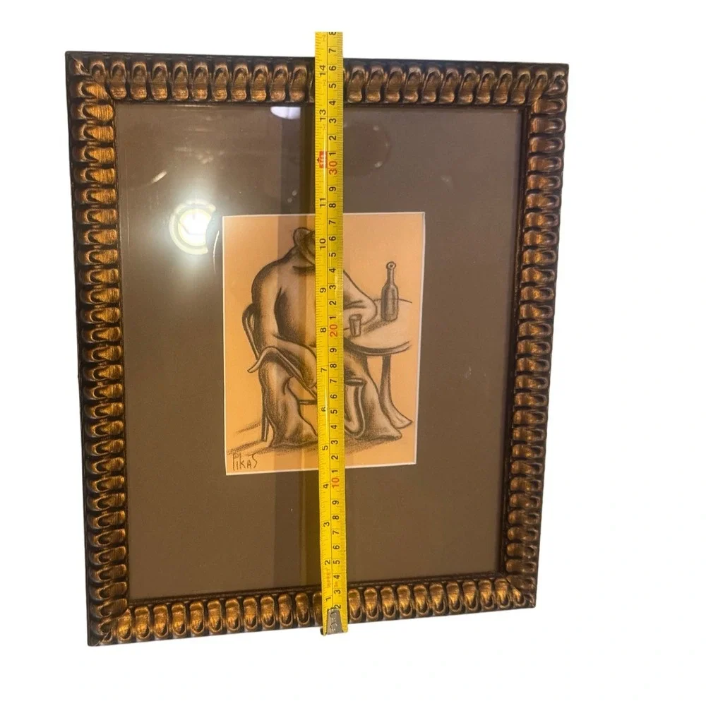 Alex Pikas Cubist Style Signed Original Drawing Framed Cafe Figure Art UV Glass